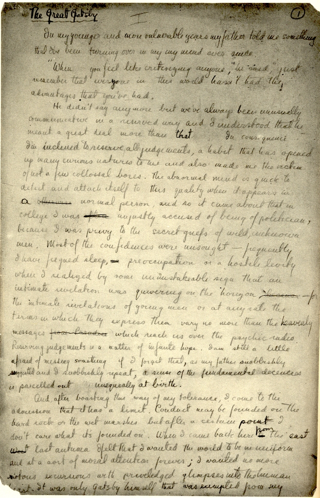 F. Scott Fitzgerald's Handwritten Manuscript for the First Page of