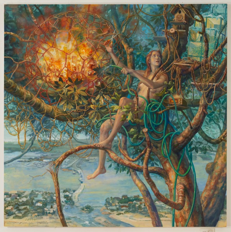 Girl in Tree with Exploding City_2013_68x68