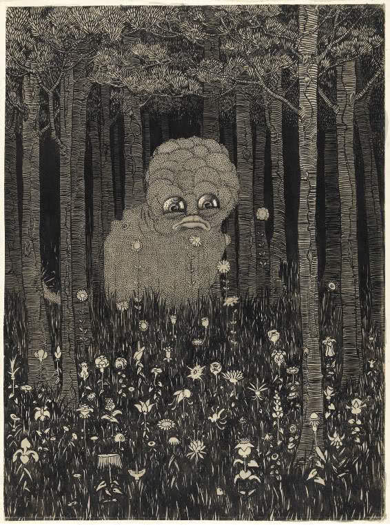 Title/s: 'Bogus Beast, The Wily Grasser' Maker/s: Sime, Sidney Herbert (draughtsman) [ULAN info: British artist, 1867] Technique Description: pen and Indian ink with grey wash on paper, stuck down on card Dimensions: height: 227 mm, width: 168 mm