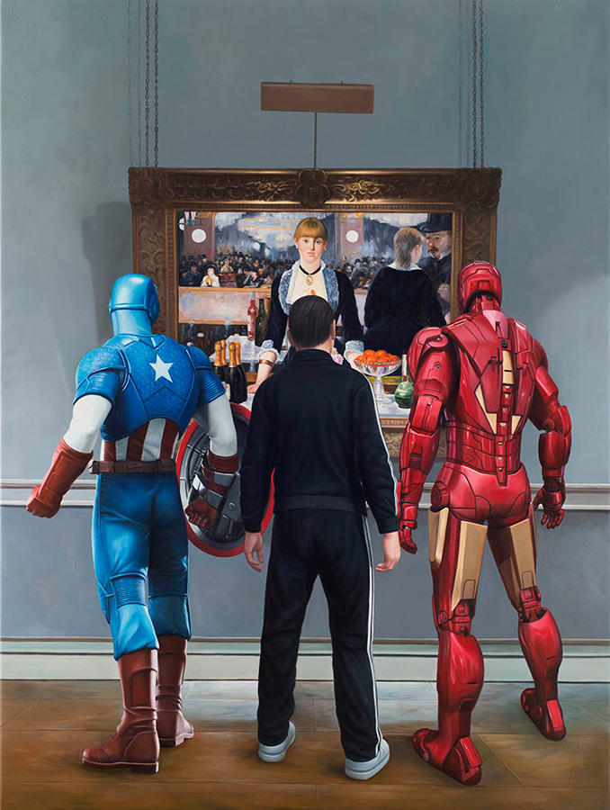marc-dennis_ironman-captain-america-and-a-russian-mobster-walk-into-a-bar_2015_oil-on-linen_80x60inches