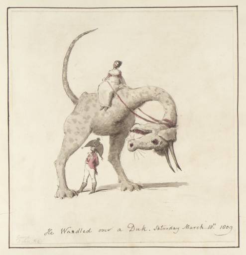 1. Caricature. A Woman Seated on a Two-Legged Ass-Headed Monster Straddling a Man in Military Uniform 1809 by George Dance 1741-1825