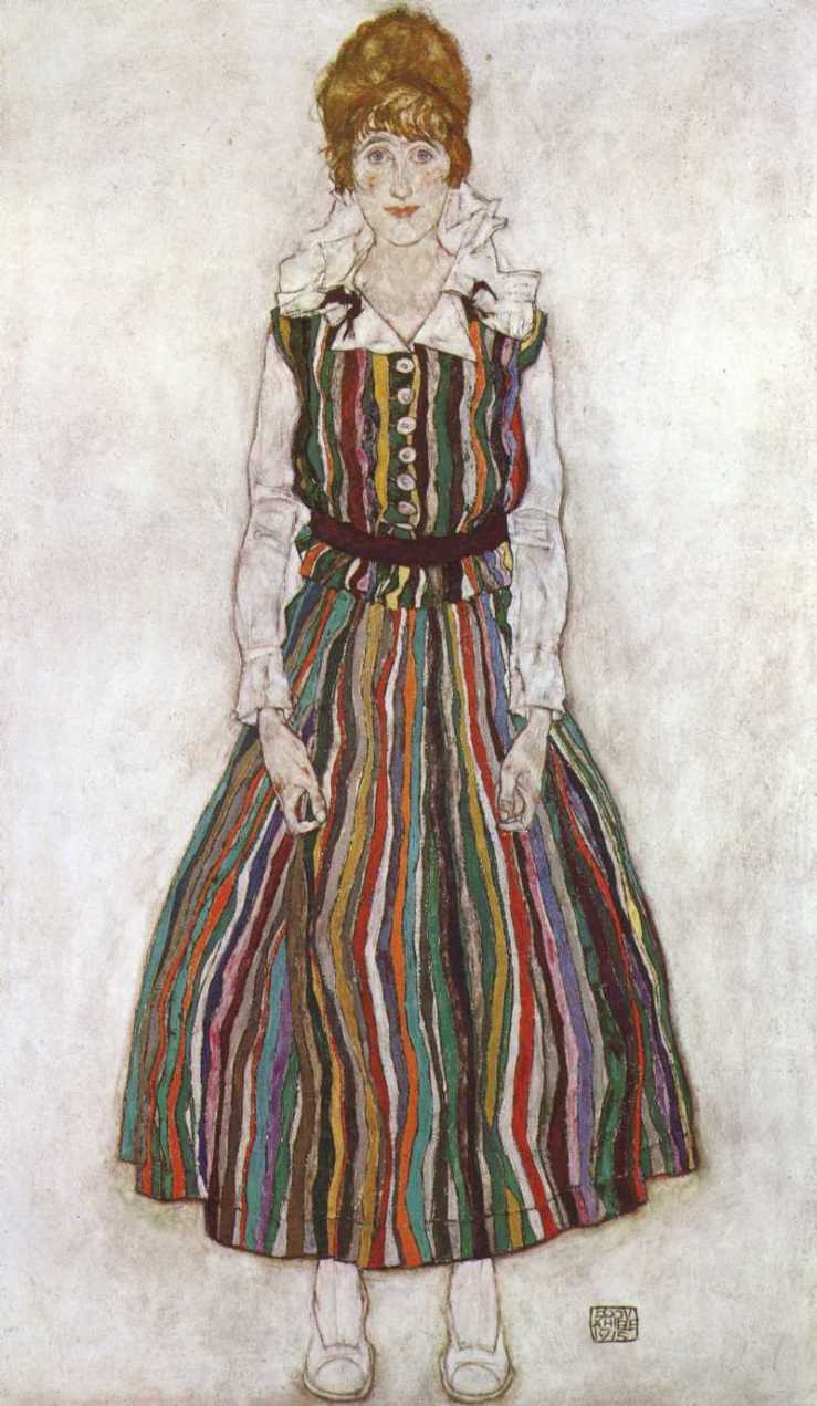 Portrait-of-Edith-Schiele-in-a-Striped-Dress