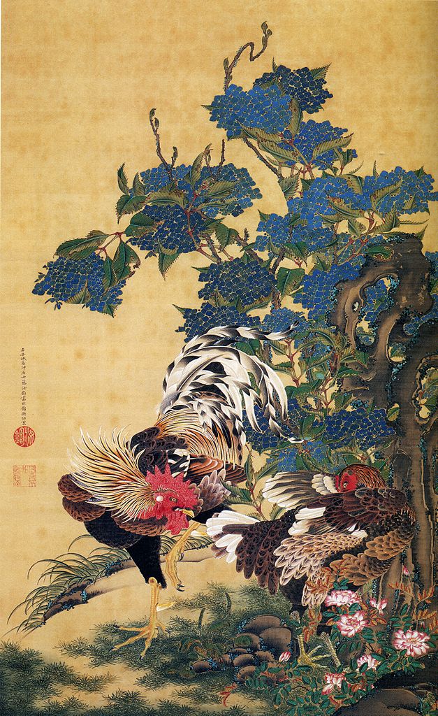 rooster-and-hen-with-hydrangeas