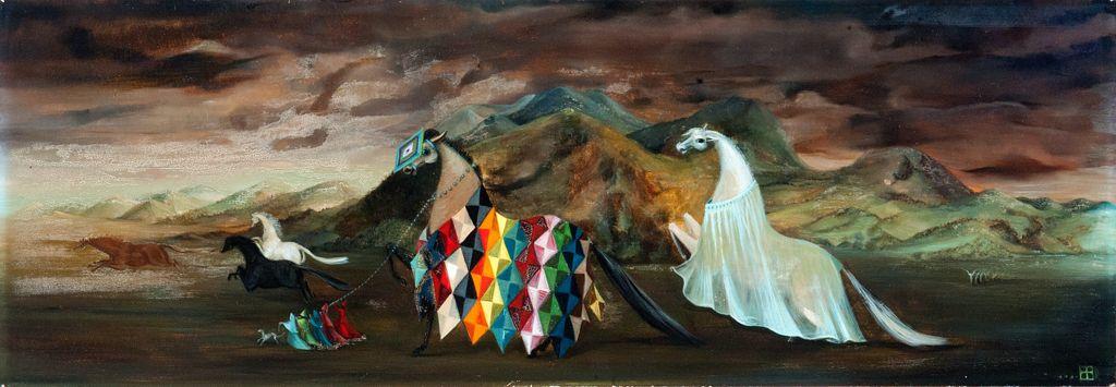 The image is a surreal painting depicting a dreamlike landscape with multiple horses in a desert-like environment. In the foreground, two prominent horses are featured, one adorned with a vibrant, multicolored patchwork covering and the other draped in a translucent white fabric that flows behind it resembling a gown. The background reveals a series of undulating hills and mountains under a dramatically clouded sky. To the left, more horses can be seen at a distance, their forms melded into the earth-toned environment, enhancing the painting's mystical atmosphere. The composition is rich in texture and warm colors, with a range of browns, greens, and blues creating depth and movement.