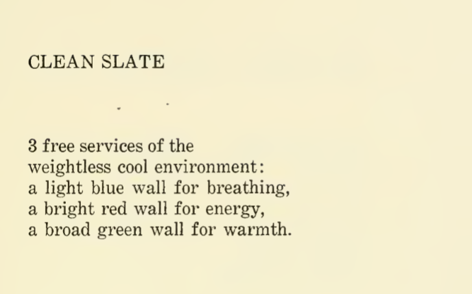 CLEAN SLATE 3 free services of the weightless cool environment: a light blue wall for breathing, a bright red wall for energy, a broad green wall for warmth.